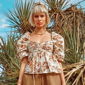 $455 Autumn Adeigbo Sauda Eyelet Puff-Sleeve Babydoll Blouse Top 6 Boho Cottage